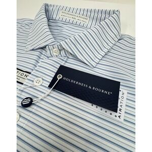 NWT Holderness & Bourne Airation The Turnbull Polo Shirt Blue Stripe XXL $118